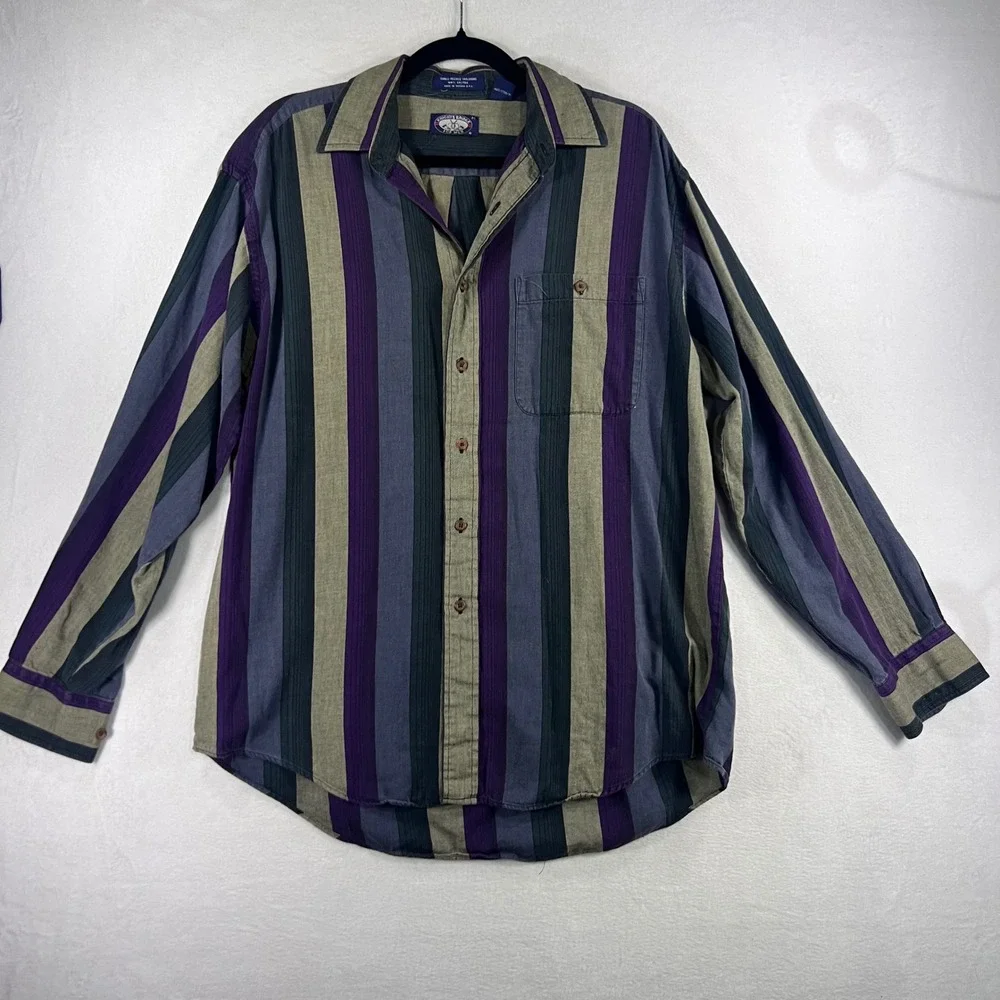 Vintage Knights Bridge Mens Striped Button Down Shirt Purple Green‎ Cotton M